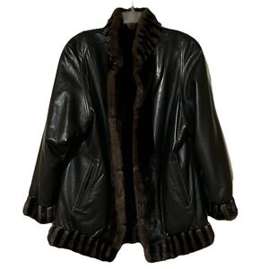 Vintage Oscar de la Renta Reversible Leather & Fur‎ Coat – No Size Tag, 29" Long